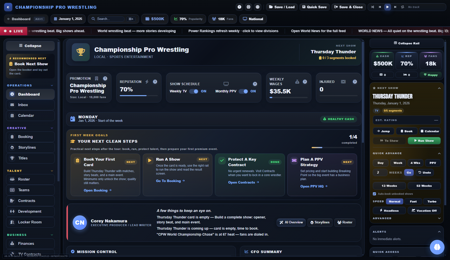 Promo Wrestling World dashboard — weekly command center for a wrestling management sim with mission control alerts, CFO summary, and calendar