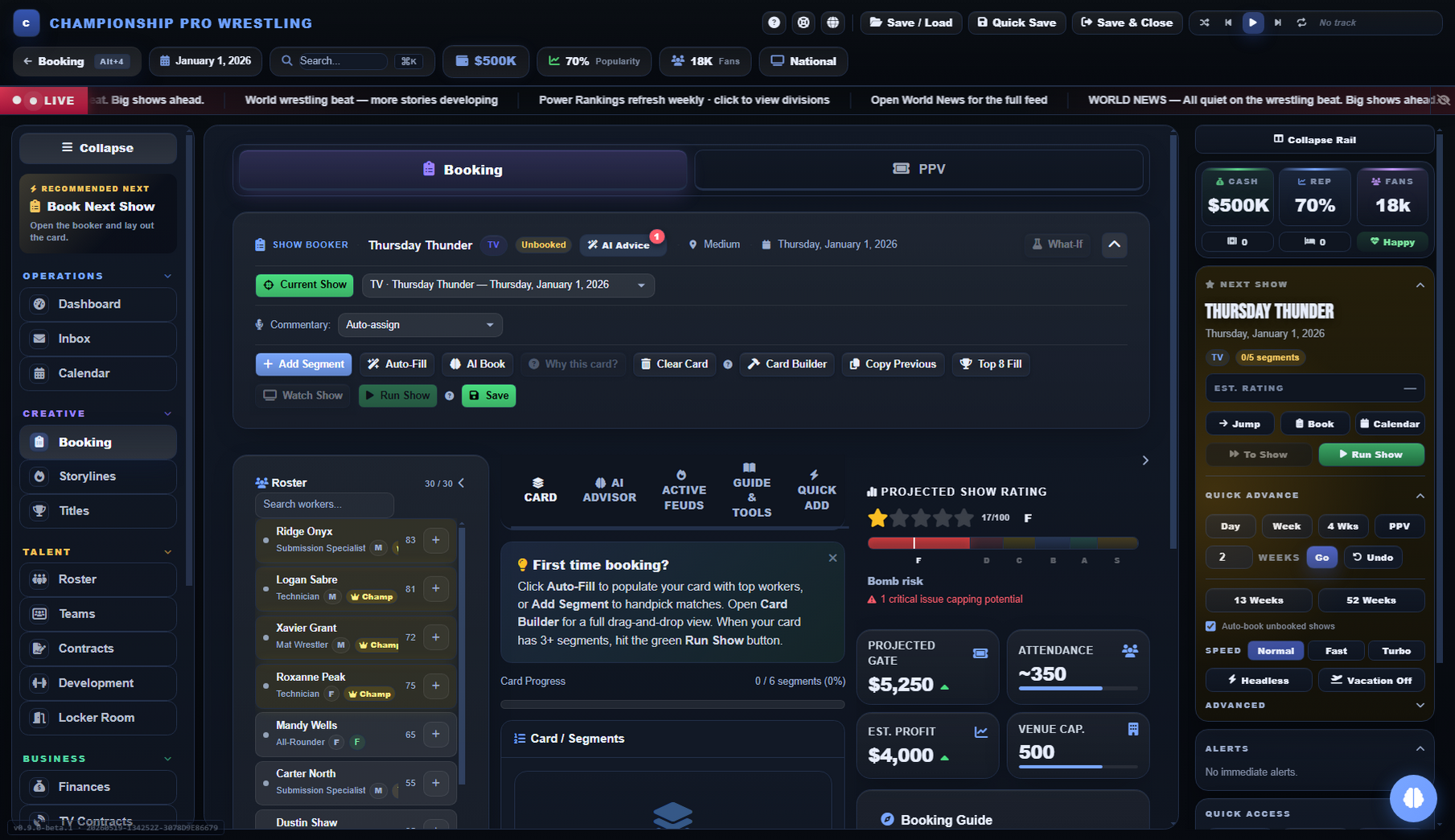 Promo Wrestling World booking screen — lay out a wrestling card from opener to main event with match types, segment ratings, and storyline beats