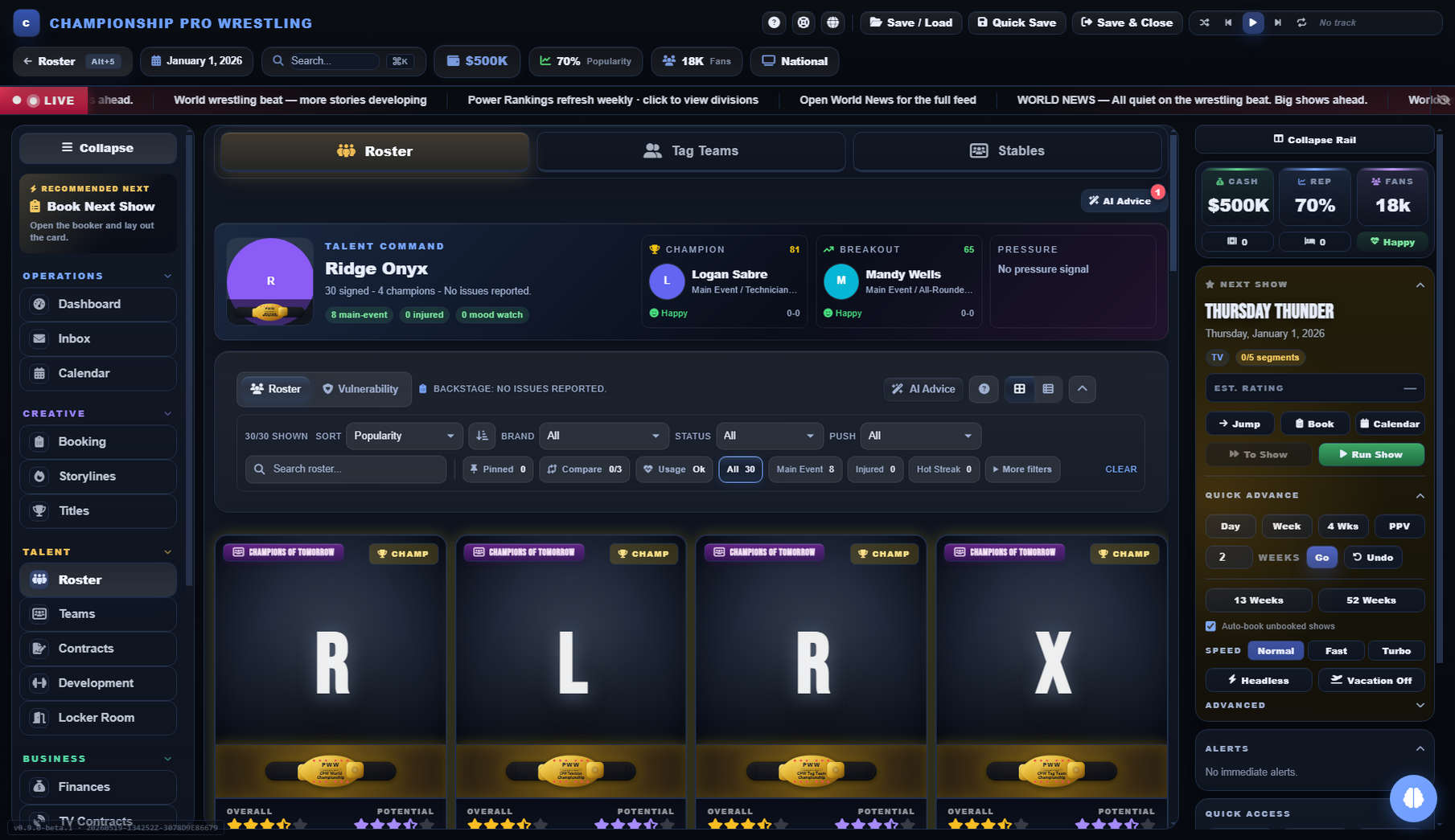 Promo Wrestling World roster screen — manage wrestler popularity, ring skill, mic, fatigue, mood, ego, contracts, and free agents