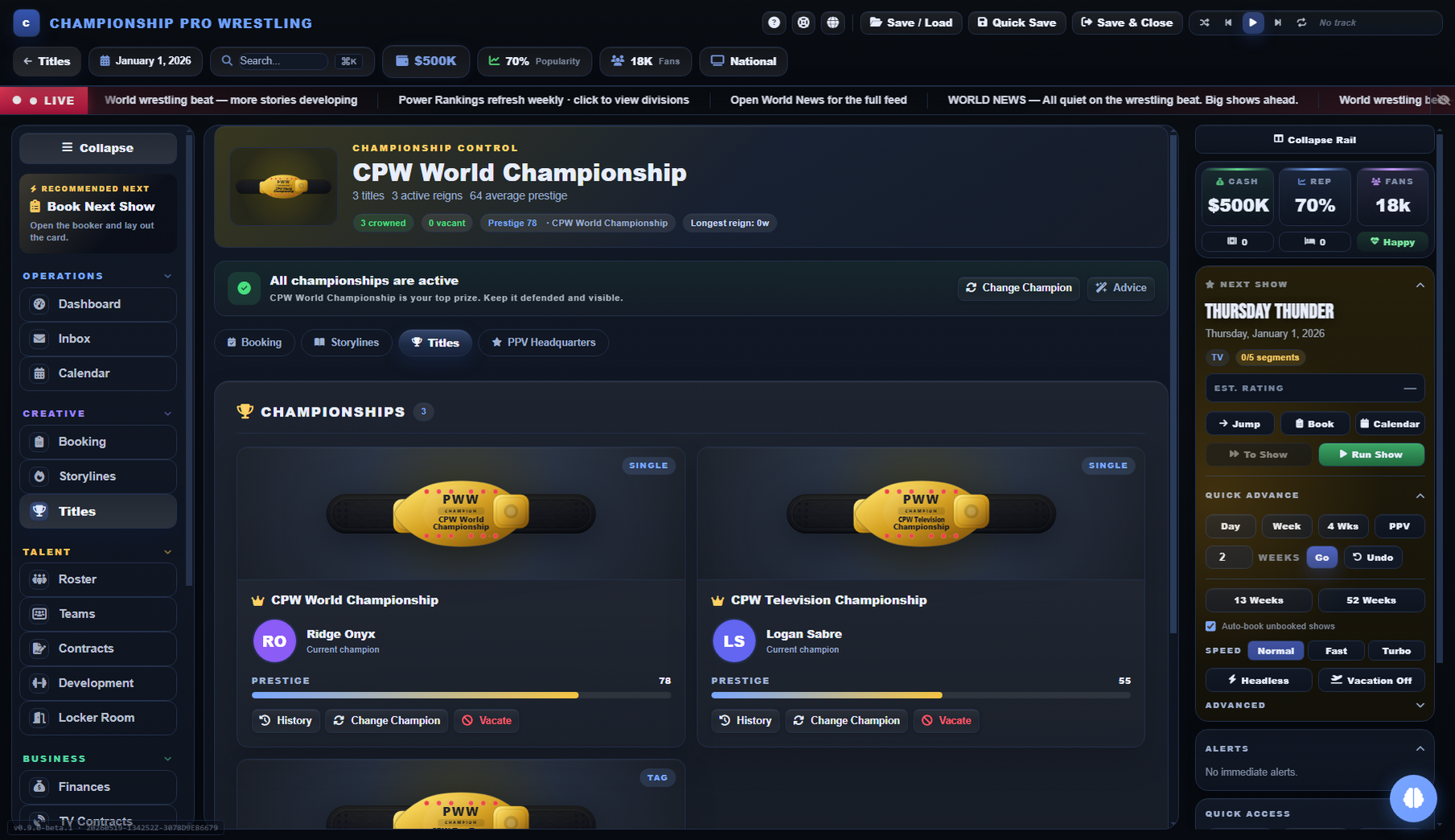 Promo Wrestling World titles screen — wrestling championship belts, active reigns, lineage history, and prestige tracking