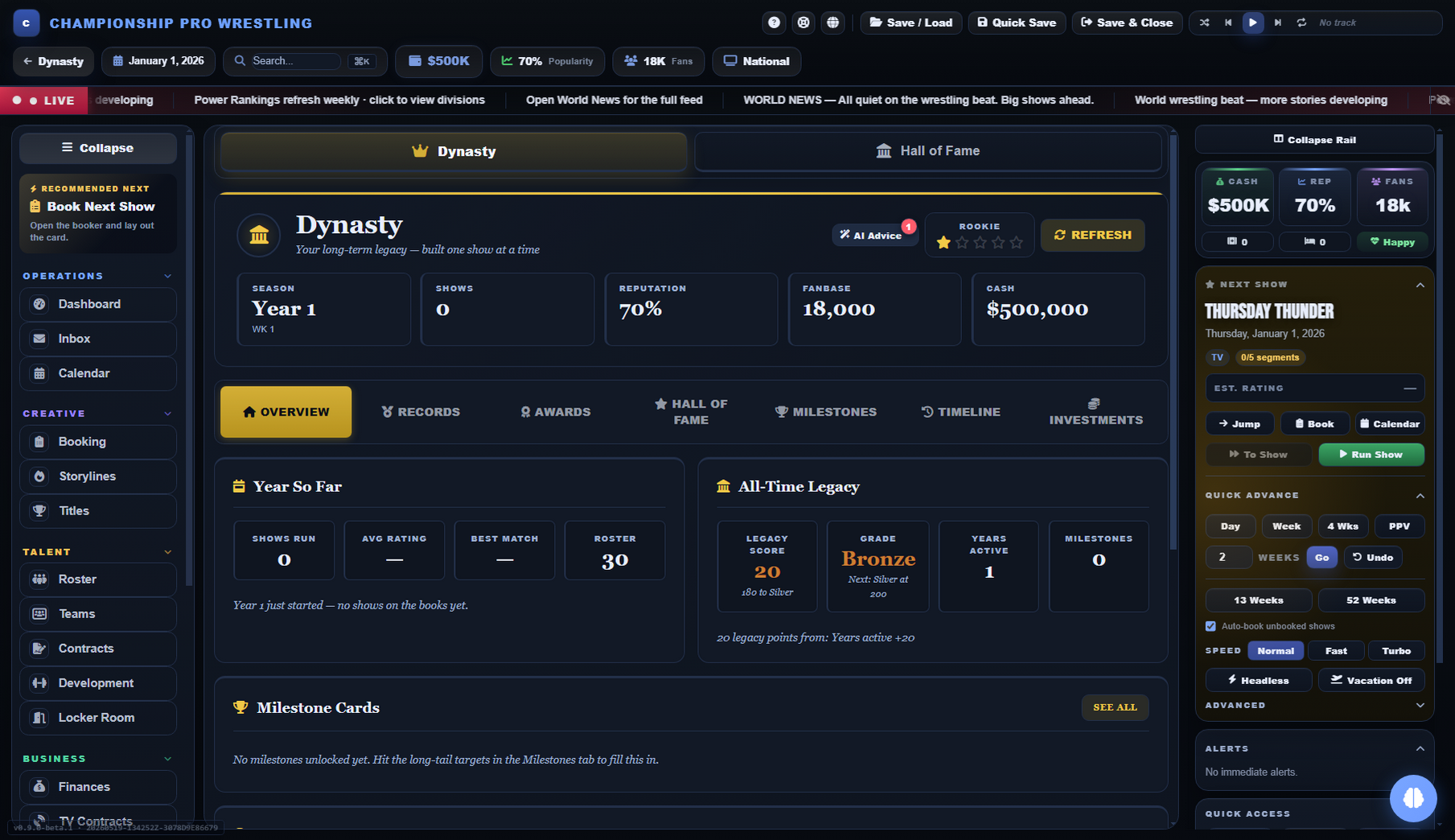 Promo Wrestling World dynasty screen — long-term legacy tracking, milestones, awards, Hall of Fame, and timeline