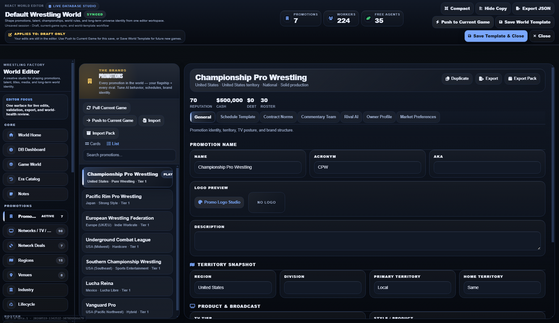 Promo Wrestling World &mdash; World Editor showing editable wrestling promotions including runtime-born rival companies