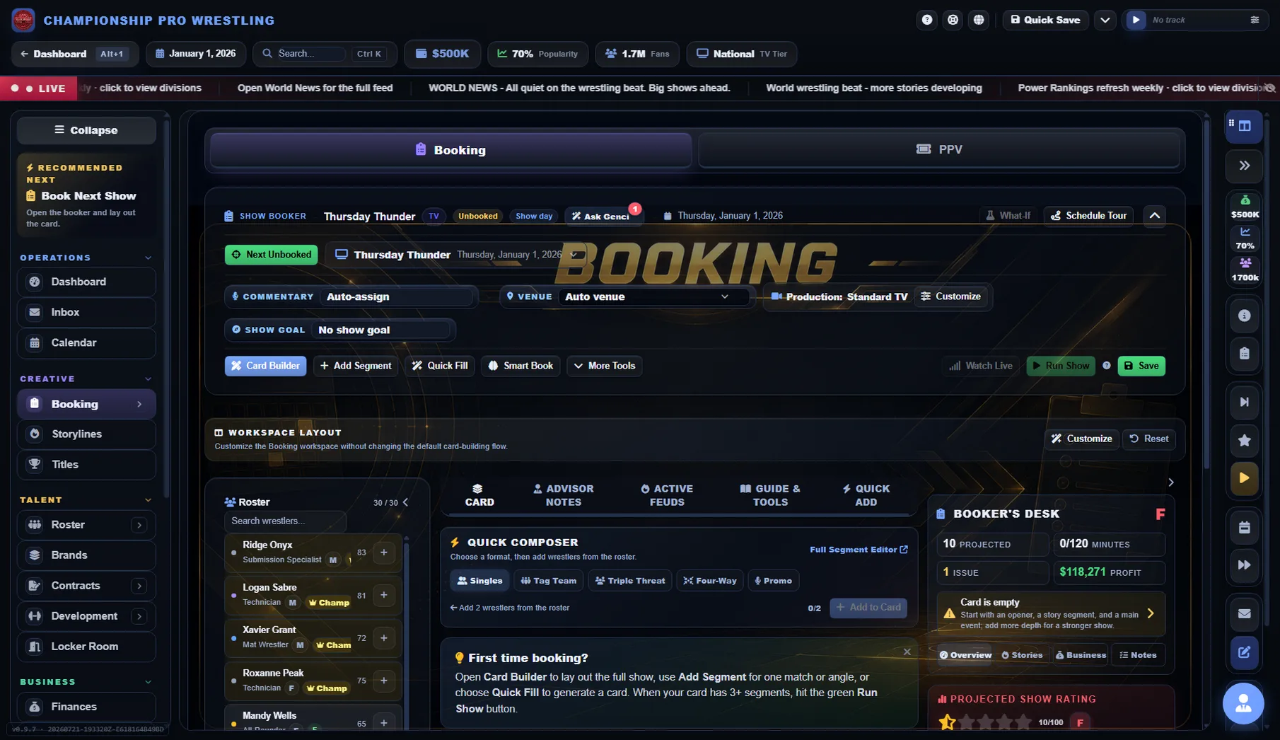 The current Promo Wrestling World booking screen